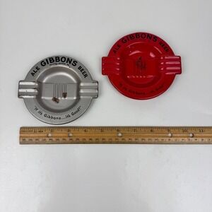 2 Vtg Ale Gibbons Beer Wilkes Barre PA Metal Ash Tray Red Silver Aged READ